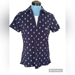 NWT Laura Scott navy/white cotton collared short sleeve T shirt M